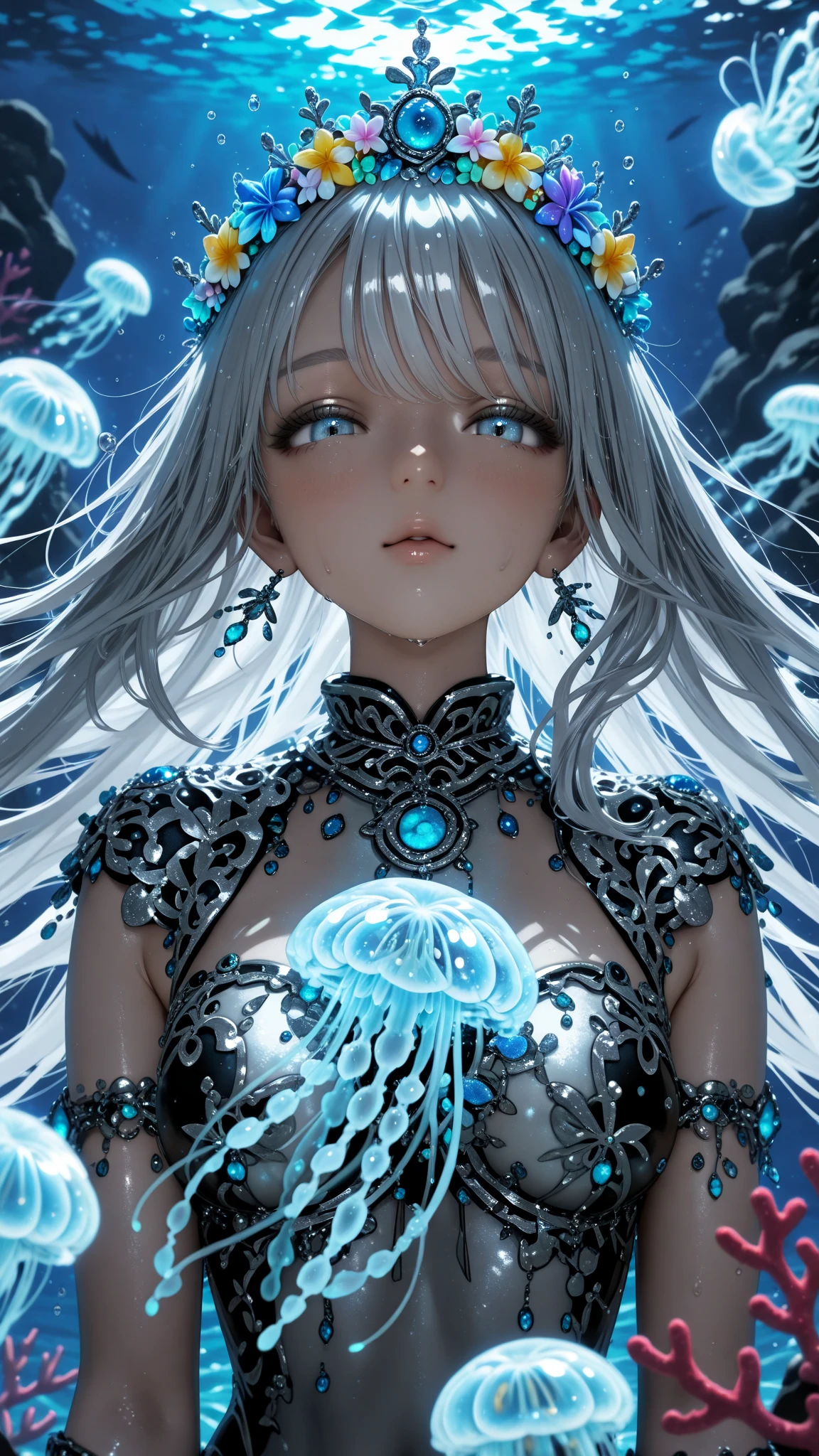 (masterpiece,best quality:1.4),(8k,raw photo,photo realistic:1.2),shiny skin,detailed skin,detailed face,detailed eyes, 1girl,looking at viewer,Japanese idol,extremely beautiful face, (smile), liquidhair, liquid hair, blue mucus floating around, slime girl, covered in blue slime, (partially transparent), (Wet with water), (blue sweat), Slimy blue liquid dripping from her body. Her hair is also covered in blue slime. blue slime scatters, Blue hair, Blue eyes、Japanese Beautiful Girl、Clear eyes、A blue decorated veil is wrapped around the face、She is wearing a gorgeous ethnic costume with plenty of embroidery and beads from her chest to her waist.。Extend your right hand forward、The pose with the fingertips bent gracefully expresses strength and beauty at the same time.。The costume is based on blue.、Sparkling metal accessories sparkle in the light.。The background is painted with abstract blue and white paint.、It exudes an exotic atmosphere。The photo is composed vertically.、Ultra-realistic live-action、The contrast of light and shadow accentuates the three-dimensionality of the beautiful girl.、The details of the costume are meticulously drawn。
