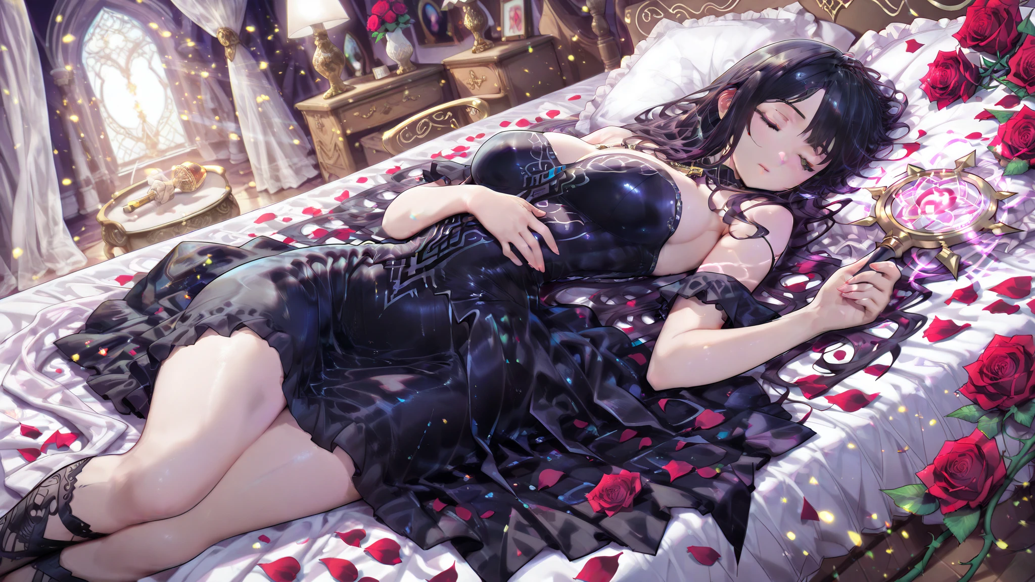 ((highest quality)), ((masterpiece)), (get used to it), perfect face , beautiful girl , In underwear , Roses scattered , lie on the bed ,