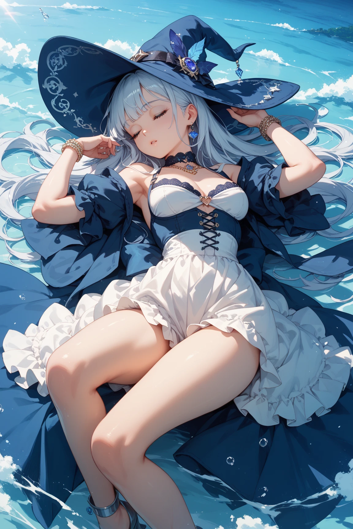 ((masterpiece, high resolution, better quality, better details)), (anime), a woman lying on a bed on the beach, ((toothy smile)), ((royal blue micro bikini with black details)), ((thong bikini)), cleavage, platform high heels, black neck choker, large straw hat, white hair with blue highlights, shiny skin, ((slender body)), front view, beach landscape, wide hips, slim waist, big breasts,
