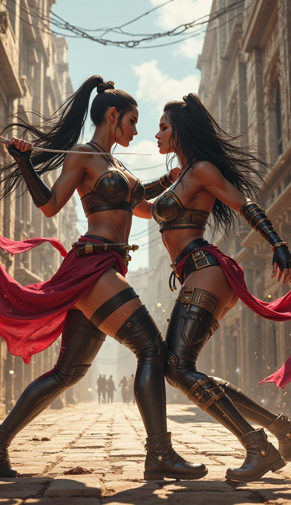 Two (((women))), (((lesbians)))), 2 barbaric warriors kissing madly, 2 beautiful full-body women, 30 years old, muscular and perfect bodies, with little clothes, tiny ?????, super sensual scene