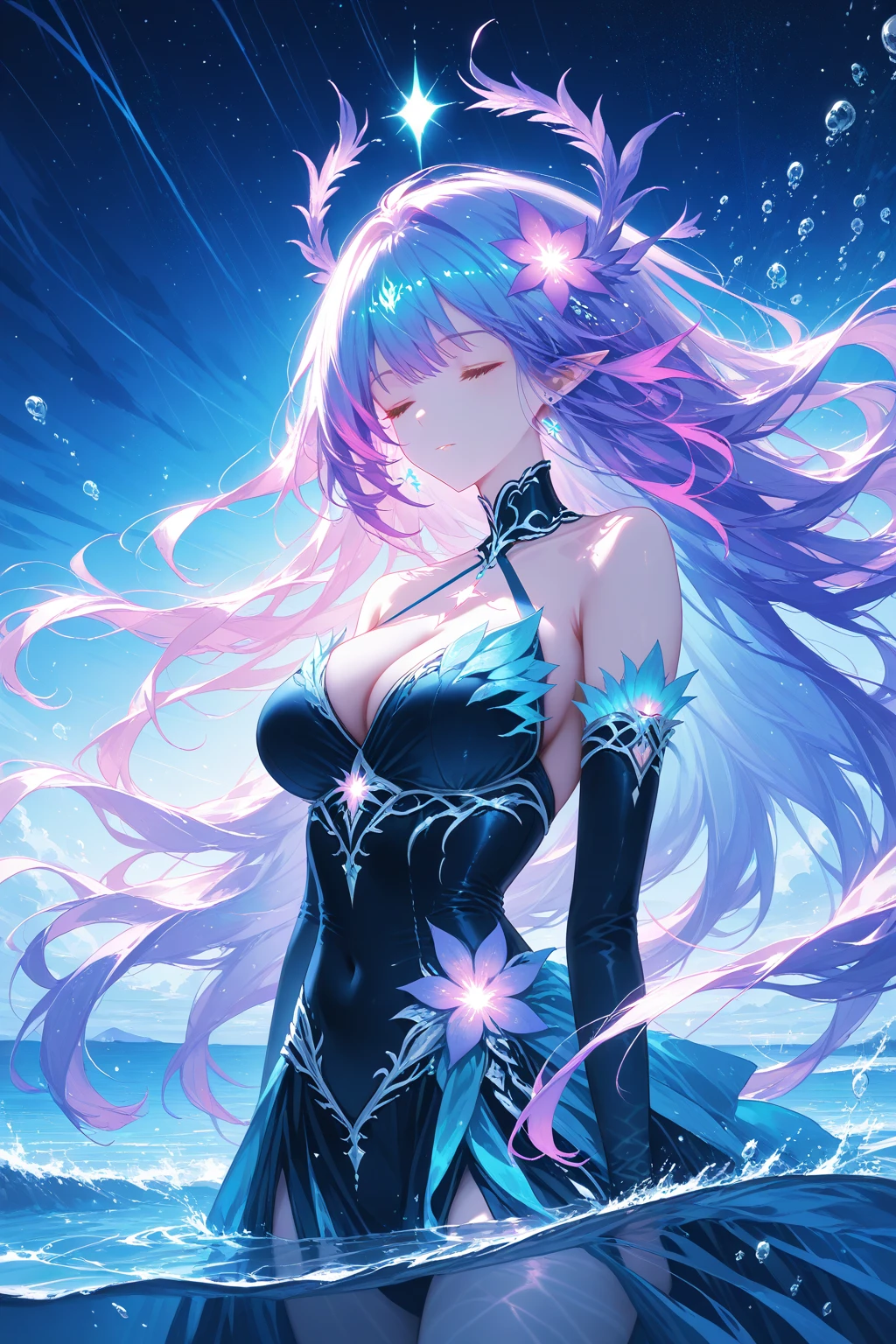 official arts, Unity 8k Wallpaper, Ultra-detailed, Beautiful and aesthetically pleasing, tmasterpiece, beste-Qualit, (zentangle, a Mandala, clew, meshing), (s fractal art: 1.3), 1girl, mermaid suit, (purple hairstyle: Long hair), Extremely detailed, dinamic angle, Cowboy shot, Most Beautiful Form of Chaos, sexy look, sexy pose, sexy air of mystery, transparent veil covering your mouth, a brutalist designed, bright colours, romanticism, seafoam, bubbles, shells, pearls