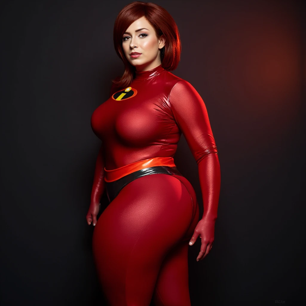 (masterpiece), (solo character), (photorealistic:1.4), ),(best quality), (the Incredibles red top bodysuit),, (Dakota Johnson wearing the Incredibles red bodysuit) ), (Dakota Johnson in Helen Parr hairstyle), (helen short hairstyle), (flashphoto), (epiCRealLife), (lora:epiCFlashPhoto), (wearing thighhigh), (the incredibles elbow gloves), (Dakota Johnson), (cowboy shots), (pose for picture), (close up)