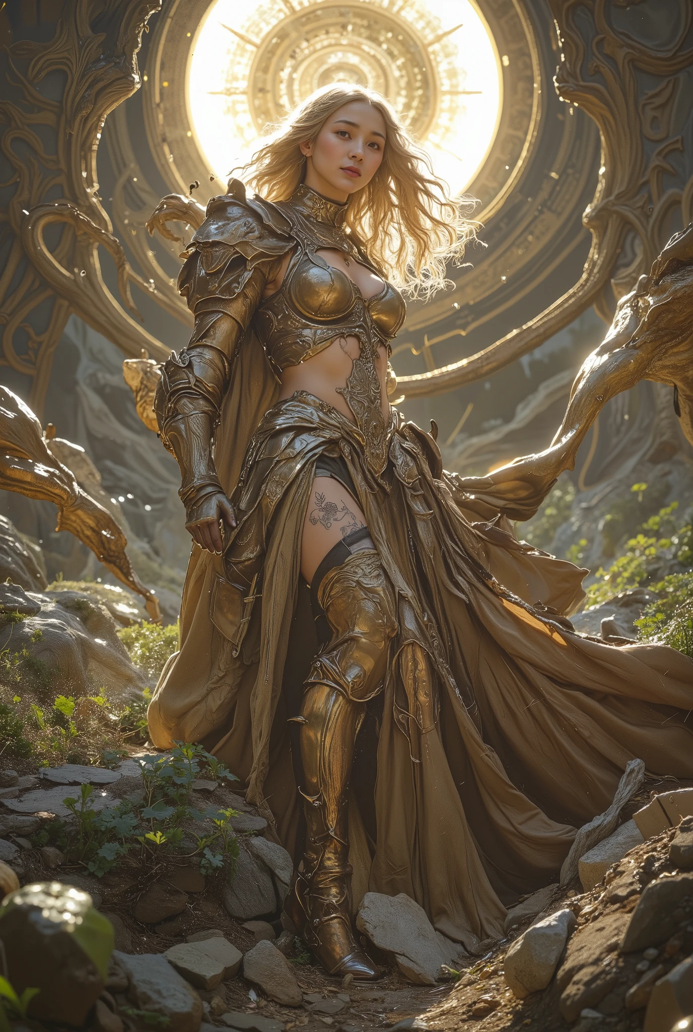 High Quality,Detailed Illustration,A curvaceous female knight,with orange eyes,with hair hanging to the sun,Tattoo,Waist trim,Wearing a dress and leggings,In a beautifully painted oil painting scene,Natural Light,soft tones,grace,Realistic,high resolution,Detailed
