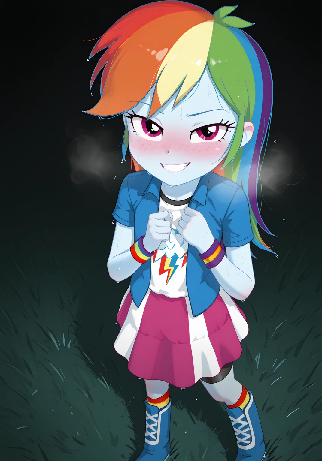 Rainbow dash, colored hair, blue skin, denim jacket, a white blouse, pink short skirt, annoyed, She lifts her skirt with her hands to show her sexy black panties, black leggings, flushed, from below, POV: I look at her, in a park, at night.
