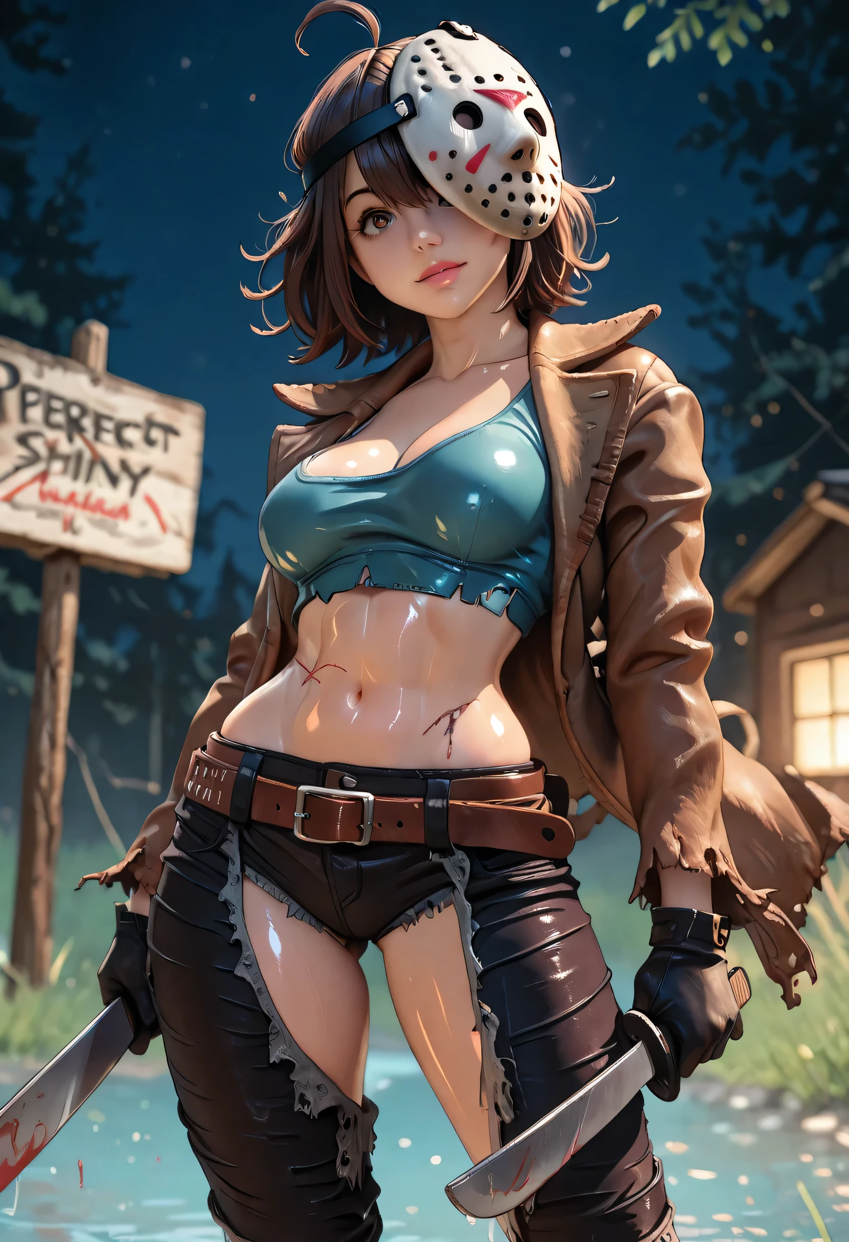 Perfect Body, (Female Jason Voorhees), (Medium Breasts), (Small Waist, Normal Midriff), Standing, Looking At Viewer, (((Shiny Skin)))