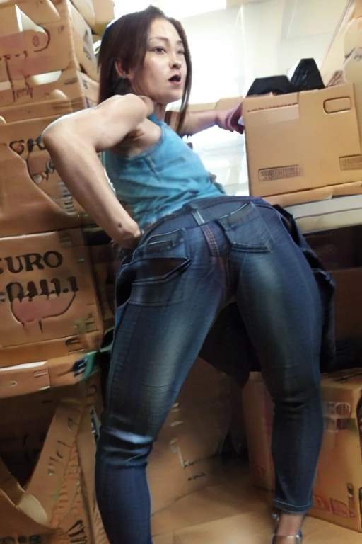 farmer girl, short hair wearing bandana, showing her butt, looking back at me, in a barn, mia goth, brown eyes, farm uniform, leaning over a box, black hair, showing ass and pussy, mia goth pearl movie style, naked, nude, bending over, farmer girl uniform, bend over a box in a barn with stacks