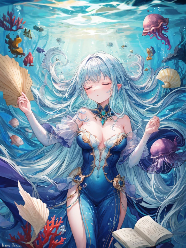 ((best quality)), ((highly detailed)), masterpiece, extremely detailed face, beautiful face, (detailed eyes, deep eyes), (1girl), cowboy shot, <lora:hairdetailer:.7>, , ((water elemental)), ((colored skin, blue colored skin:1.3)), (((liquid hair))), very long hair, wet hair, blue hair, aqua eyes, large breasts, <lora:water_concept:.7>, Fullwater, (liquid body, liquid, water), <lora:LiquidClothesV1fixed:1>, liquid clothes, waves, sea, water, green dress, water dress, sea foam, outside, near the ocean, coastline, sunny day, sea gulls in background, <lora:kikuchi_milo:1>