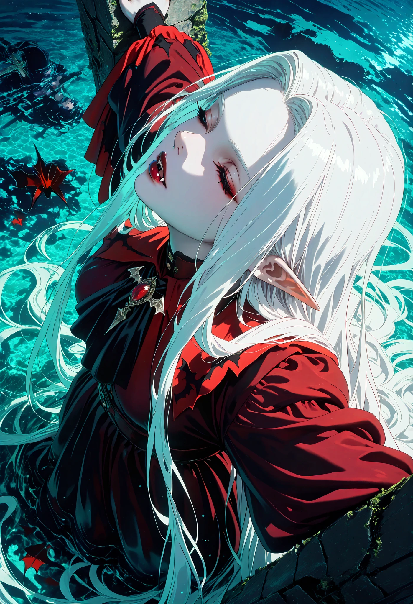 Very High resolution,Realistic and mature anime-style,masterpiece,best quality,amazing quality,hyper-detailed,very aesthetic,from above,from side,dutch angle,The bottom of the deep sea where no light reaches,Under the sea,The ocean floor,Ruins submerged in the sea,A female vampire nailed to a cross,Crucifixion,white skin,White hair,absurdly long hair,Hair floating in the sea,Expressionless,Closed eyes,(Vampire fangs protruding from between her lips:1.3),Dark red lipstick,Closed mouth,Long and pointed ears like an elf,Her head is hanging,She is wearing a simple piece of cloth,(Long and pointed nails:1.2),Red nail polish