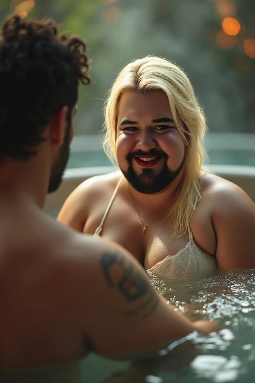 (photorealism:1.2), 4 extremely beautiful young harem girls, sexy nude, big breasts, Pretty perfect faces like kendall jenner and young Jennifer Connelly and young Brooke Shields, blonde and redhead straight hair, light skin, flirtatious and provocative, bathing an very aroused fat man with long untrimmed beard, long hair, open mouth drooling, with extreme pleasure expression on his face, in pink Jacuzzi in pink luxurious bathroom of pink palace, realistic, intricate details