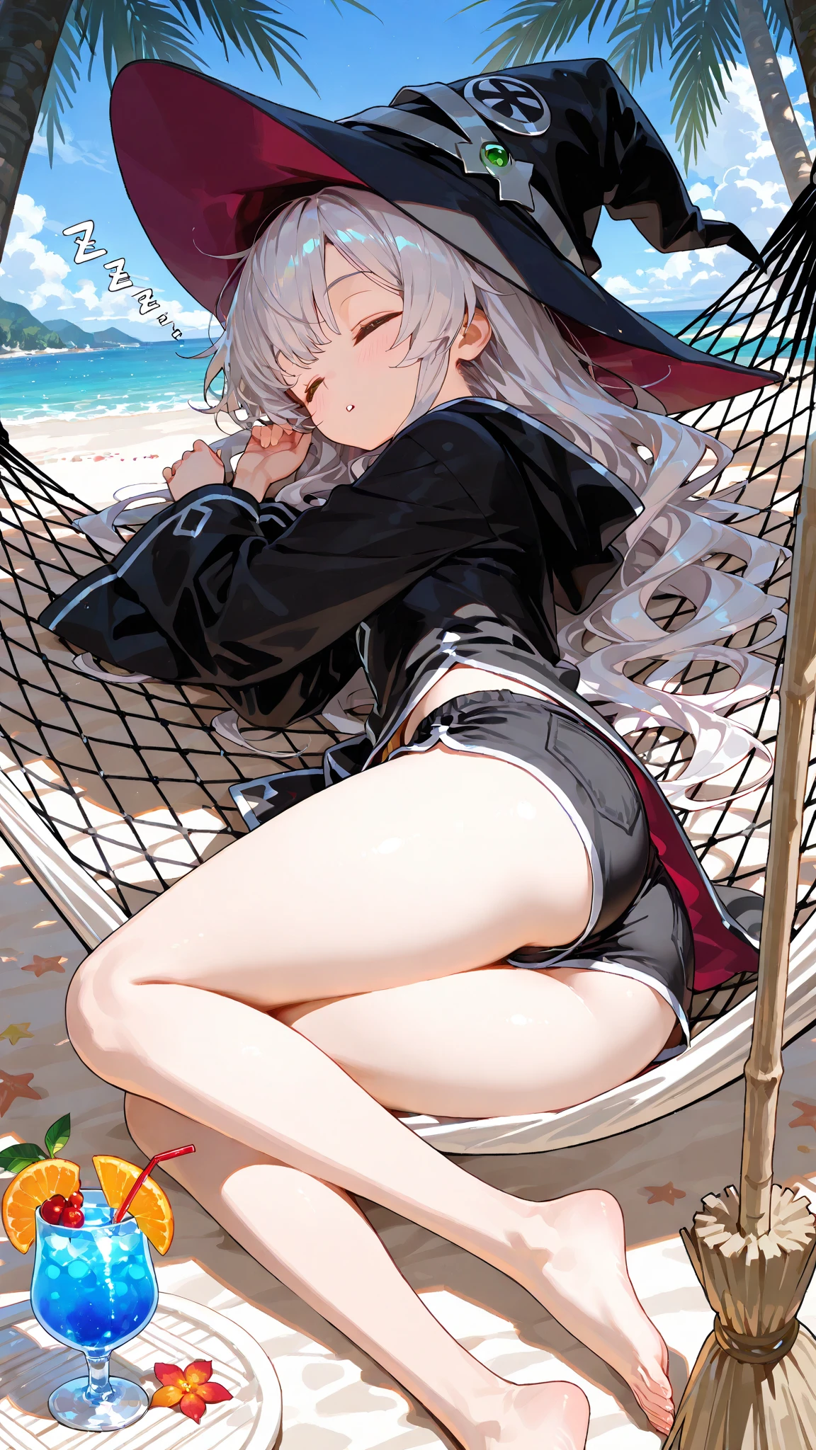 masterpiece, best quality, 1girl,Aerial view,(off shoulder, flat chest, little_girl,loli,lie down,((white hair)|[red hair:0.5]),no bra, no panties, strapless swimsuit, , see-through sleeves, white legwear, parted bangs,yellow eyes, open jacket, blue_jacket),sandals, sand,beach, sunlight, blue sky, cloudy sky,hair clip,wrist cuffs,choker,medium hair,smile,straight-on,breasts out,nipples,