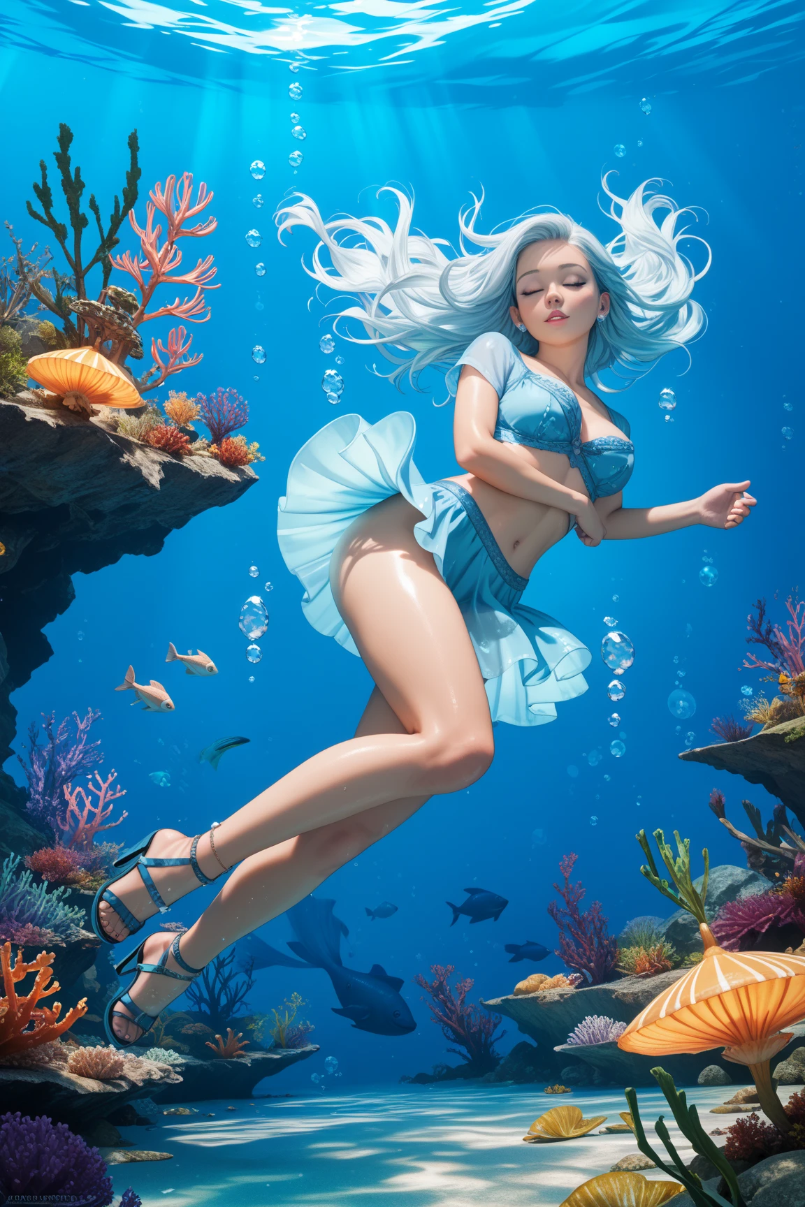 (top-quality、​masterpiece)、(Realistic lighting with shadows)、huge filesize、hight resolution、elegent、realisitic、complexly detailed、(Perfect anatomical depiction of the human body)、There is a goddess in a dress who is in the water, Stand on the lake, suspended underwater, above water, floating underwater, Underwater glow, under the water, beautiful digital works of art, Deep underwater, In the abyss, inspired by Yuumei, floathing underwater in a lake, gorgeous digital art, Mystical fantasy, A mysterious lake in the forest at the bottom of the lake