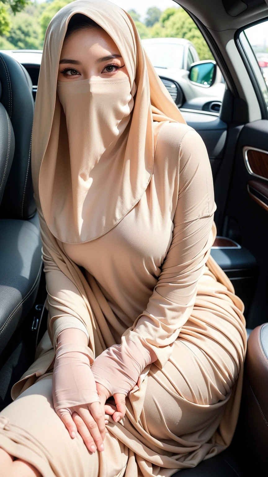 Cute girl, beautiful girl in hijab, 1 girl, perfect face, expressive eyes, softlens, makeup, eyeshadow, eyeliner, luxurious hijab, patterned hijab, hijab decoration, brooch, shiny lips, a faint smile,sitting at the controls of the car,