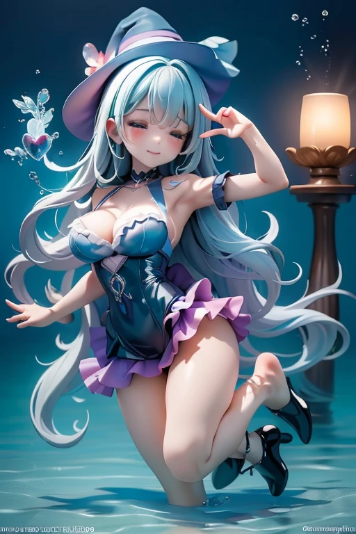 top-quality、​masterpiece、hight resolution、3D、Rabbit Girl、sixteen years old、kawaii、Baby face、The upper part of the body、Round and cute eyes、big eye、a purple eye、Smile with open mouth、Colossal tits、thin waist、Blue hair、Red inner color hair、Grabbing his chest with his hands、Halter neck bikini、in poolside、