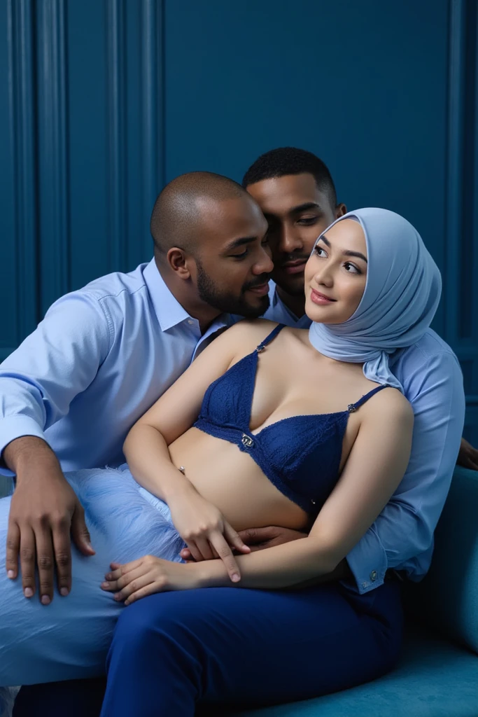 Pale skin kurdish pregnant woman in straight tight tied hijab nude shoulder nude arm breasts kissing of a black man in luxury room hands fixed arms fixed consistent love embracing 