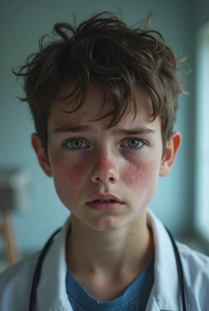 A skinny boy who is 165 years old, 15 years old, with a face like a slut, with a blue sweater and a white shirt, with a side-swept hairstyle and ugly imperfections, with more weight

