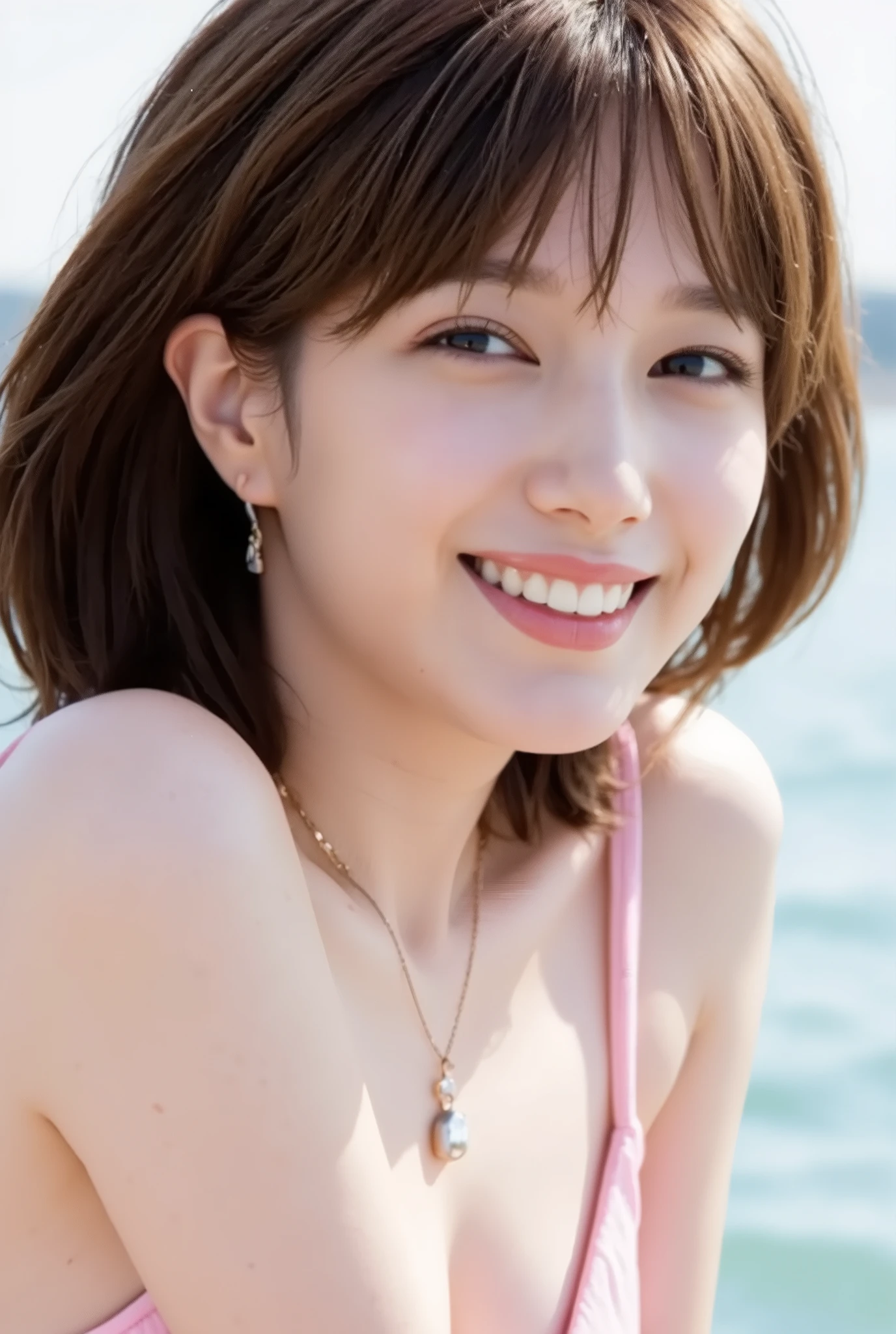 beautiful Japanese woman。A woman in a slingshot bikini is standing in an open stance。Nioh Riichi。 hand resting on waist 。 on the edge of the waves。Staring at viewers with a big smile showing teeth。Jet Black Hair。 low bun hair。very thin waist。stick out pubic area forwards, shoot from below, close up pubic area, 