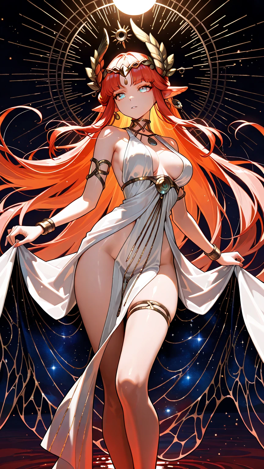 master part, high, high quality, detailed face, Detailed body, full body, slim body, ?????, 1girl, solo, kushina uzumaki, red hair, long hair, blue eyes, ???? shoulders, large breasts, choker, bracelet, standing, put your hands on your hips, smile, blush, night, space, nebula, moon and stars, galaxy