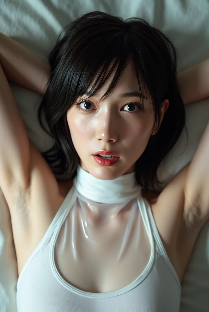 ((Top Quality, 8k, Masterpiece: 1.4)), japanese woman, ((naked, blush, short bob cut, skinny:1.3)), ((25 years old:1,0)), ((looking at viewer:1.4)), inside bedroom, ((Spread her legs:1.4)), vaginal, wet pussy, arms up, ((eyes closed, orgasm face:1.2))