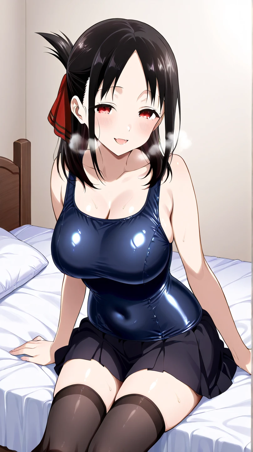 masterpiece, best quality, ultra-detailed, anime coloring, 1girl, solo, (idolmaster, idolmaster cinderella girls), tachibana arisu, black hair, long hair, bunny ears, hair bow, brown eyes, closed mouth, smile, mouth hold, ?????? in mouth, nose blush, collarbone, (competition swimsuit, blue one-piece swimsuit, vertical stripes), shiny swimsuit, small breasts, bare shoulders, (elbow gloves, thighband pantyhose), highleg swimsuit, groin, sitting, on bed, looking at viewer, ?????? wrapper, white bed, indoors, (bedroom), steam, steaming body, lighting, (spoken heart)