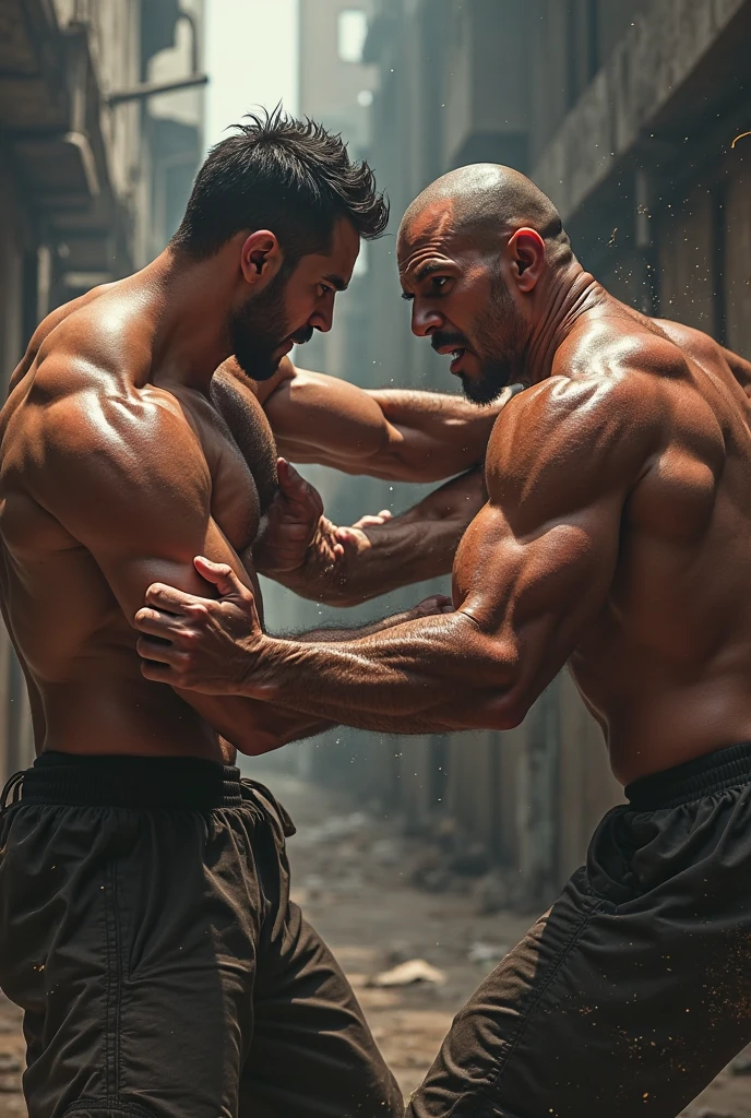 2 shirtless men fighting