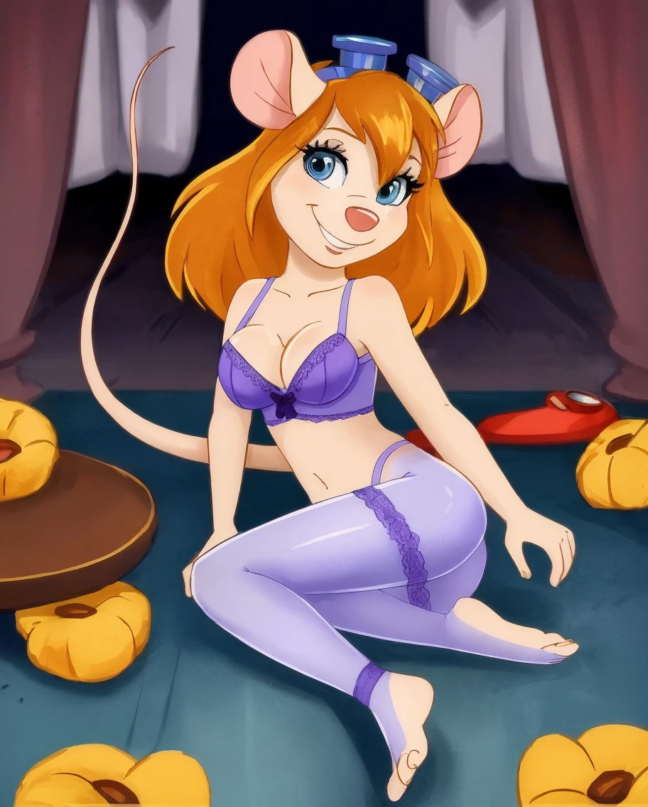 best quality, masterpiece,  CARTOON_gadget_hackwrench_ownwaifu,
1girl, furry female, long hair, orange hair, blue eyes, bangs, sidelocks, buck teeth, animal ears, mouse ears, animal nose, mouse tail, body fur, tail, goggles, goggles on head, eyewear on head, flat torso, full naked body, pussy, full body view, squatting, nude torso, cum, shy, happy smiling, small ass, anus, sitting on big dildo in ass