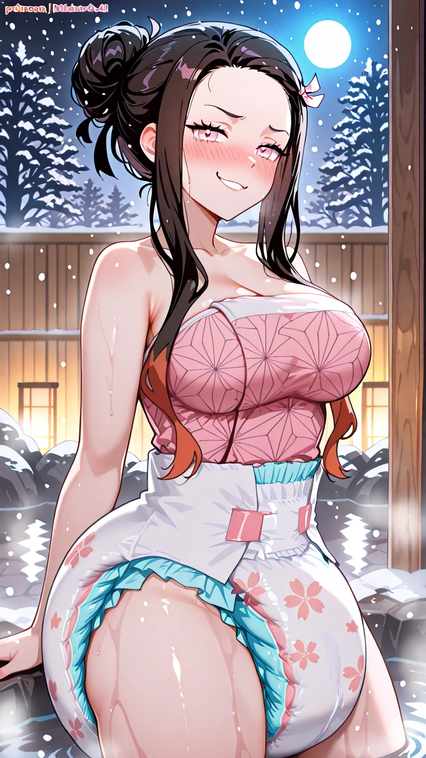 todoshizuko, purple hair, ponytail, hair ribbon, long hair, blue eyes, makeup, 15years old ,, empty eyes , large breasts, nipple, Running, , Heavy snowfall area　frozen wet crying mountain Alone, Smile, crying,  Naked, solo, 1girl, 
