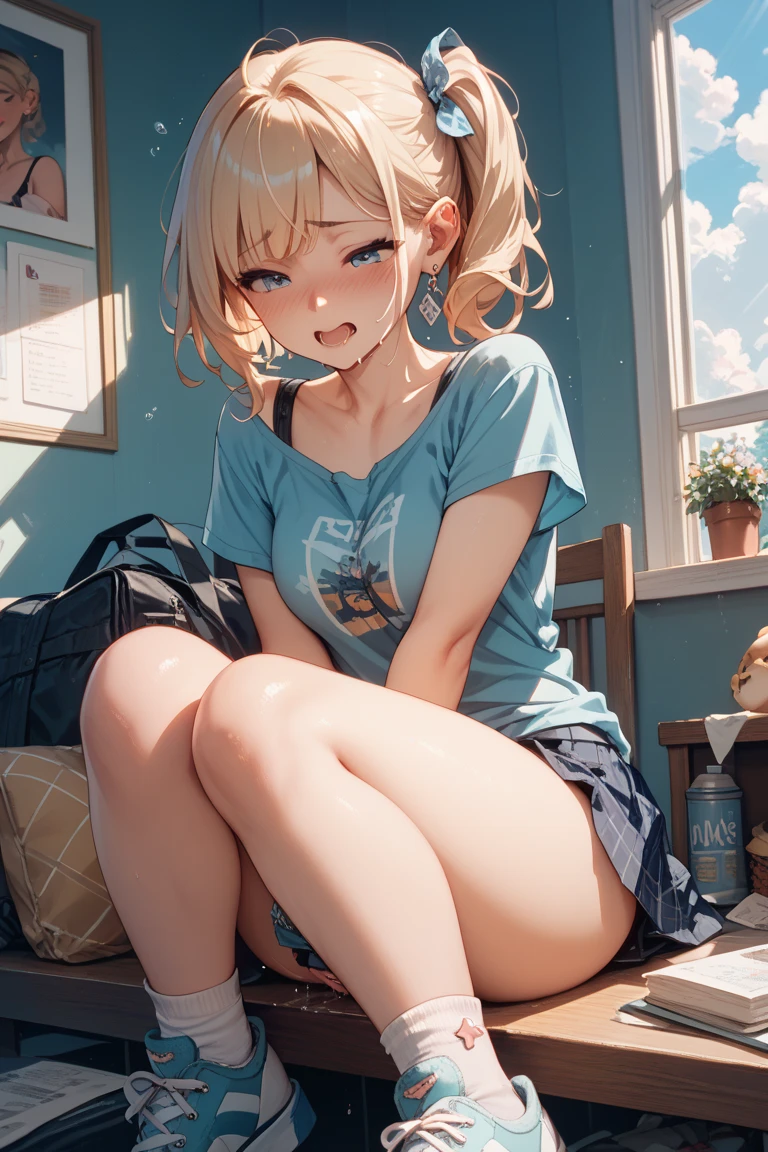 Masterpiece、最high quality、high quality、High definition、High resolution、High detail、Lens flare、Ray tracing method、high qualityの質感、high qualityの影、Beautiful details、Detailed explanation、Detailed texture、Realistic facial expression、Realistic and colorful、Delicate、Cinematic Light、Side light、Sharp Focus、(1 Girl:1.3)、(Intricate detailakeup、Pure Eros Face_v1:0.5)、(Details Beautiful delicate face、Detailed beautiful delicate eyes、Perfect Facial Proportions、Detailed skin、Charm)、fancy hairstyles、Beautiful bangs、(Two-tone gradient hair color)、slender、(Upturned beautiful breasts)、Raise your arm and make a peace sign、(Detailed crotch、Open crotch、Showing off your crotch)、Female juice、(Experiencing the best orgasm)、(Spread your knees and open your legs)、Light-colored mini bra、String Bra、Light-colored V-cut、Light-colored thong、Beautiful ass、Thigh mini skirt、Low-rise mini skirt、Front-opening shirt、Low-angle composition、School building、(Take a deep breath、Work on this image step by step)