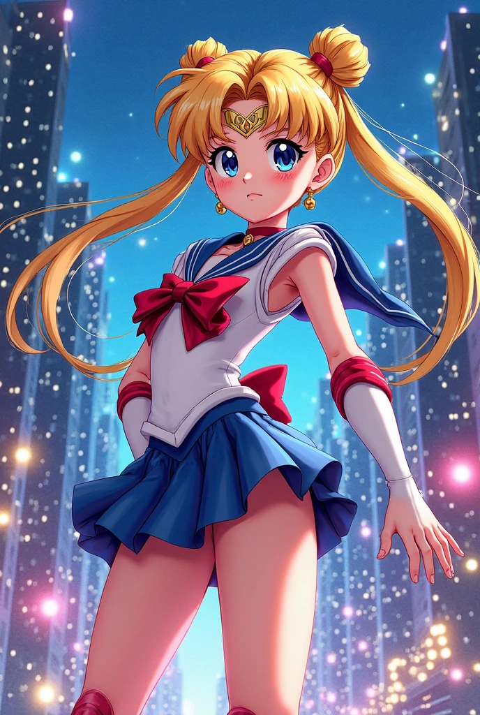 (High quality, 32k anime ultra HD, 1980s /(style/), retro art style, highly detailed, perfect anatomy), ((sailor moon, Tsukino Usagi)), 1 girl, solo, (blonde hair, short hair, pigtails, center parted bangs, hair blowing in the wind), (blue eyes, beautiful, super detailed), slightly open mouth, smiling, cowboy shot, (big boobs:1.3, firm chest, beautiful breasts), thin waist: 1.0, wide hips 1.2, big ass: 1.2, (dancing, fluttering, in the air, legs spread, in front of fountain), looking at viewer, (park background, night, big fountain, lighted street lamp, lamplight), (front view, from below), core_9_up, score_8_up, score_7_up, score_6_up,