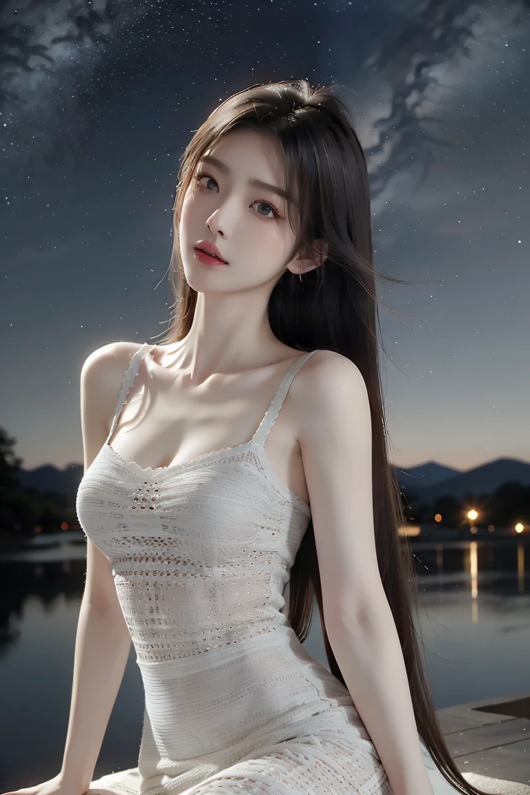 ((((masterpiece, highest quality, High resolution)))), Extremely detailed 8K, Beautiful girl with a voluptuous body, (Ultra HD, Super detailed, Very detailed, Very realistic, Ultra-realistic, Photo Real),Detailed Background,
(cute:1.5),(smile),(Shiny skin:1.3),
Upturned eyes, Small face,Sharp features,Big eyes,(compensate:1.3、jirai girl:1.3),
(Fantastic nature background,Big full moon,Midnight,Moonlight,In the background is a beautiful, clear night sky.:1.3),
break
(Are standing:1.3),(Black Hair),Layered Hairstyles,(Long Hair:1.3),Big Breasts,(Slender figure:1.5),
(Head to knees diagram:1.3),Front face,