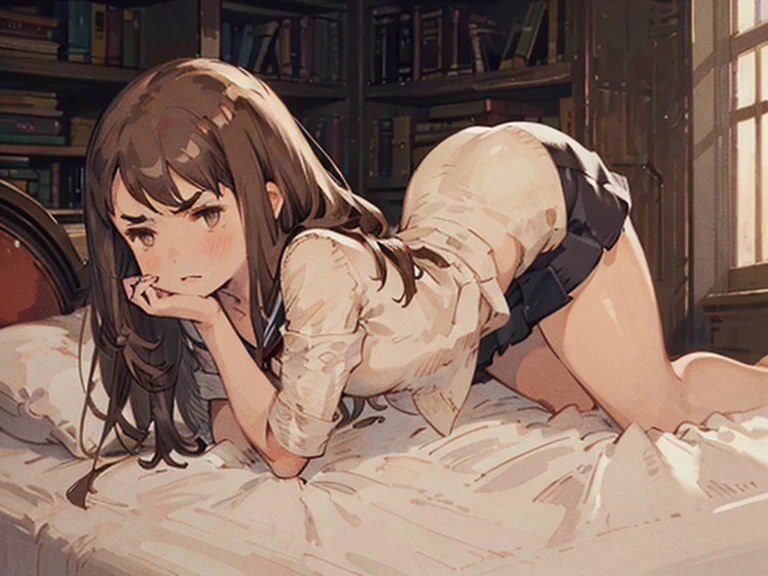 highest quality, Super Resolution, 8K, (Delicate expression), One beautiful girl, Cute face, Lustrous brown hair, The perfect human body, She is completely naked, (Small breasts), The nipples and areola are pale pink., Small breasts, Embarrassed, Have sex in the missionary position, Spread your legs wide, Inserting a man's erect penis into a pussy, Have sex with the vagina, She feels sexual pleasure, Heavy breathing, Sweaty bangs, Clenching teeth, Feeling climax, Photographing her from a top-down angle,