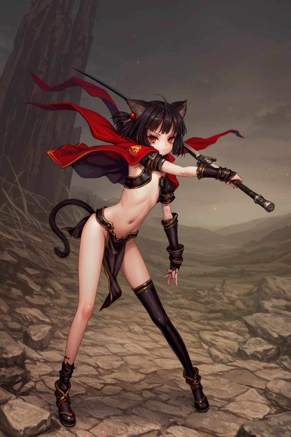 Fantasy, 1 tiny_ Girl, (Loli)++, 10yo, slender_child, cat_ears, Cape,Outdoor,bikini, Shy, (bare_groin,bare_waist)++, hold_huge_sword_hilt, Solo, Thighs, covered_,apart_legs, smile, happy, black_hair, navel_naked, slender_legs,tiny_slender_thighs,dynamic_posing, open_mouth, spread_legs,