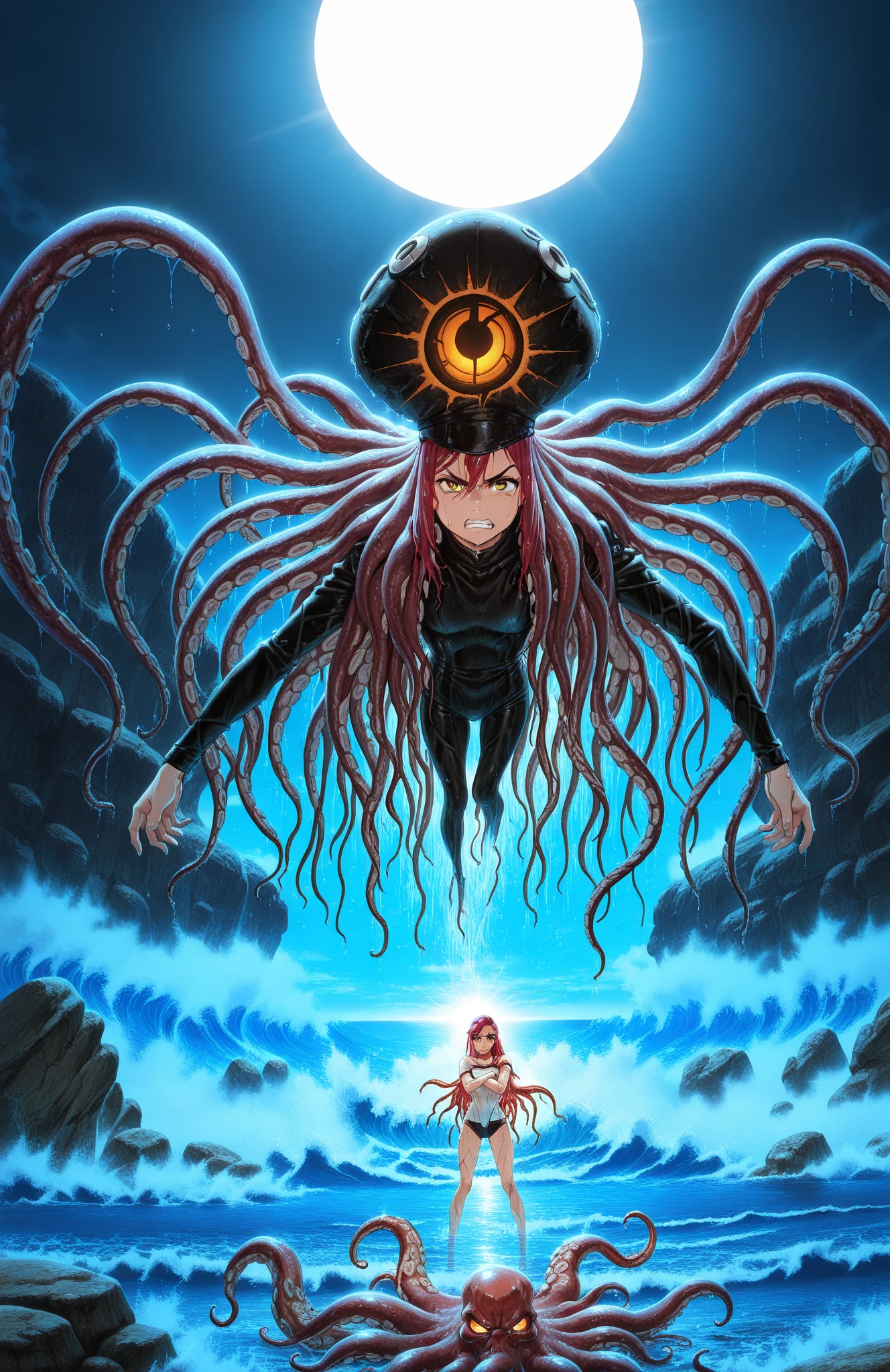 masterpiece,highest quality, Unreal Engine, Super Resolution, Very detailed,
1 girl, Waist, thin, (Muscular:0.8)
, Big Breasts,sexy pose
(Detailed and beautiful eyes:1.6), (Very detailedな顔:1.6),(Many tentacles wrap around her chest:1.6),((Spread your legs:1.3))
Simple background anime style, Key Visual,
Light blue hair, (Red eyes:1.5), Long-haired monk \(dq3\)
(Orange bodysuit:1.4),(Miter saw:1.4),Tabard Elbow Gloves