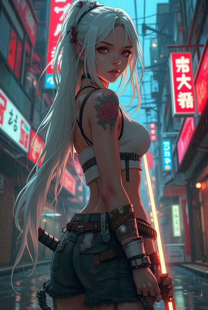 night city, neon, perfect starry sky, UHD, high detail, high quality, super detail, 16k, one woman, makoto shinkai, ghibli, gray hair, micro bikini, plain bikini, ((bikini with less fabric)), big eyes, long eyelashes, very long eyelashes, ethnic tattoos, (tattoos that cover the entire body), (lots of tattoos)), tattoos on the chest, tattoos on the arms, tattoos on the fingers, ((tattoos all over the chest)), beautiful face, neutral features, (short hair)