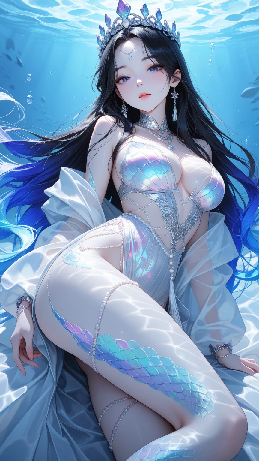 Sea elf with bluish skin, beautiful, mature, milf with black hair, blue eyes and big breasts on UHD ice cave background, textured skin, super detail, high detail, high quality,