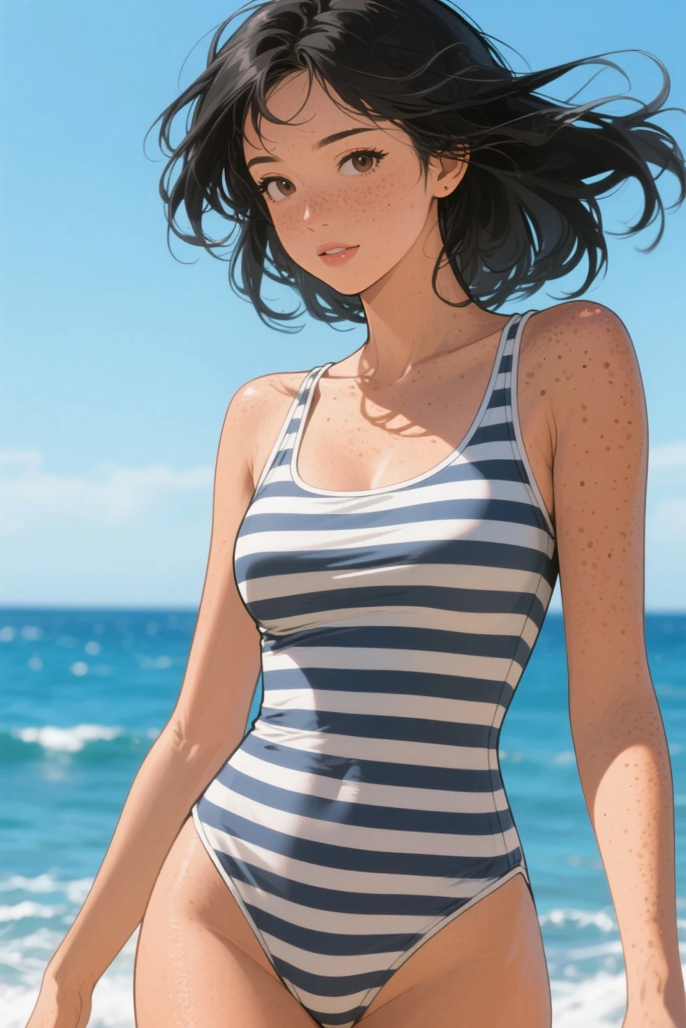 Line art、Vector art,White Polka Dots - Art,(Polka dots:1.3), (Masterpiece, Highest quality),Delicate colors, Super delicate pattern colorful, Highest quality, Cute beautiful girl, 15 years old,(Navy one-piece swimsuit、One piece swimsuit)、Walking with the dog　,White skin、A look of shame、Black Hair、Short bangs、Braid、Brow wrinkles、Black glasses、Big Breasts、Pop Art、（Plump;1.2）From below、Takato Yamamotoスタイル、Art Style：Takato Yamamoto