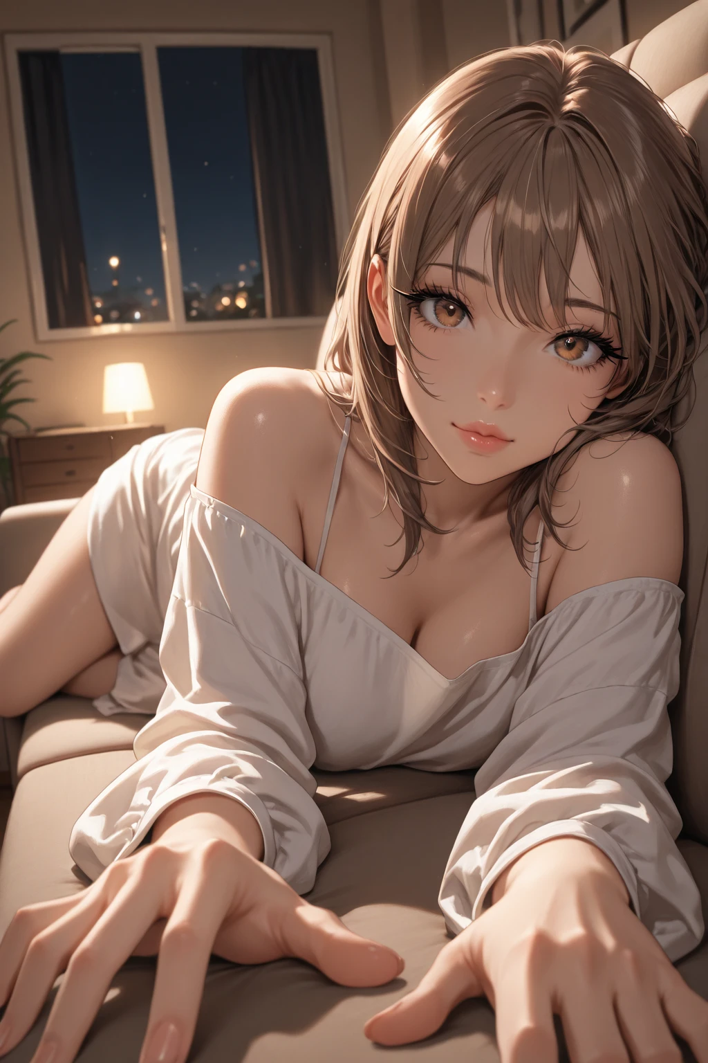 ((Realistic lighting, best qualtiy, 8k, tmasterpiece:1.3)), 1girl, Beautiful Women with Perfect Figure:1.4, Slim abs:1.1, ((dark brown hair)),(exteriors,during night:1.1), Ultra-fine face,Fine eyes,double eyelid,Leaks out the entire delicate breast, 40 years old, Japanese lady, wearing office casual and sexy lingerie, show whole body from top to legs, , ((realistic)), Clothes come undone, in a hotel, ((show breasts))