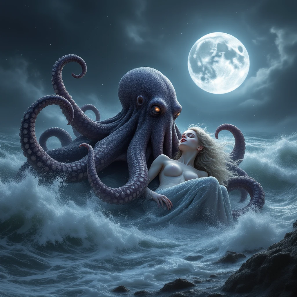 A ditsy naked blonde (age 25) has fallen asleep on a moonlit beach, (2, a terrifying and hungry tentacle themed beast emerges from the water)