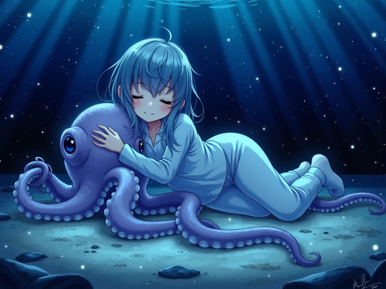 Two girl's lower_body is transformed into slime(Japanese anime style)(with slime tentacles)(scared and crying)(fox ears)(multiple slime eyes)(student costume)(on bed)(the room is covered by slime)