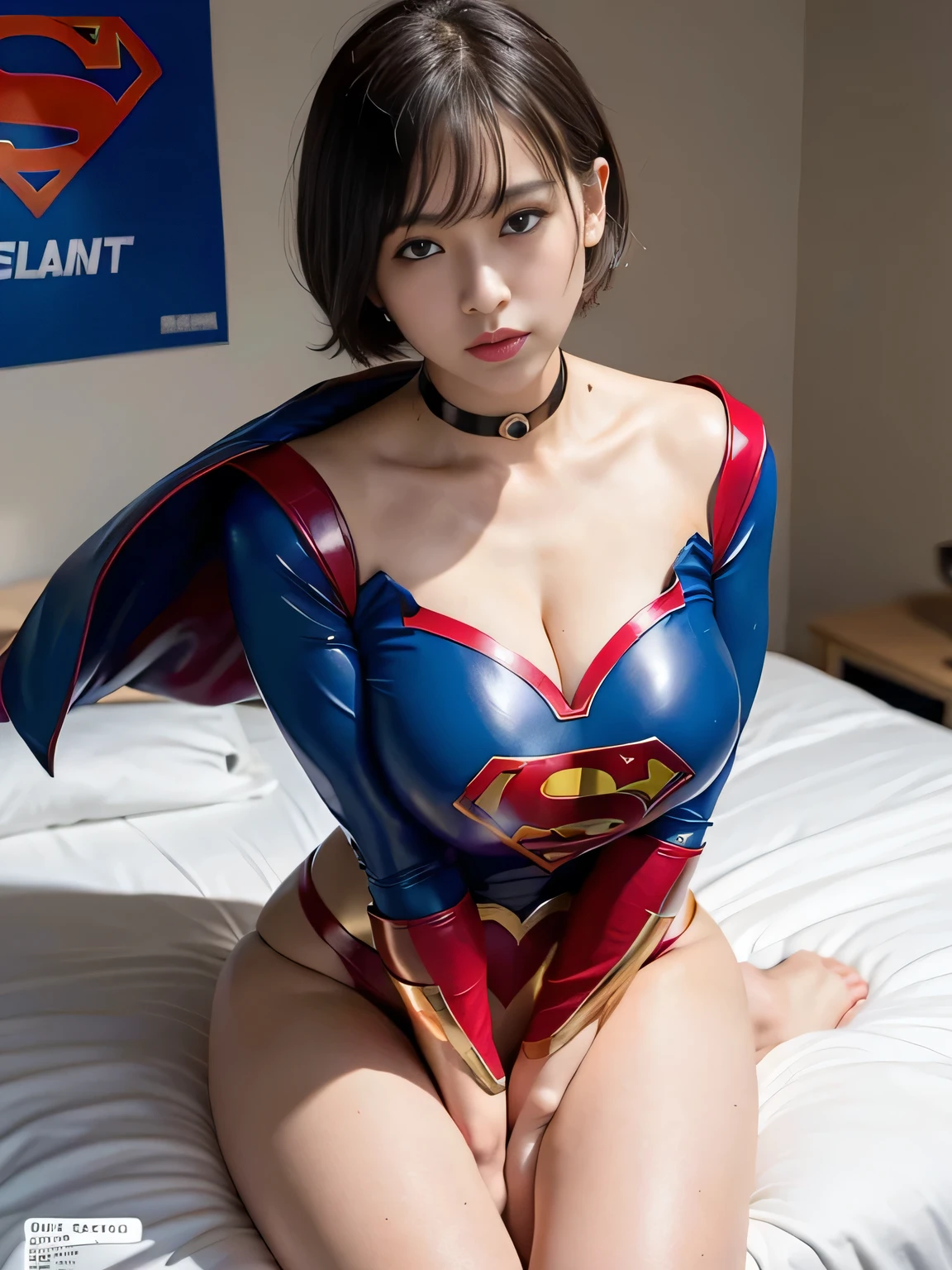 masterpiece、Enamel Supergirl Costume、Short Hair、Hospital operating table、Crisis situation、Big and ample breasts、looking at the camera、Shiny、Off the shoulder、choker、Long sleeve、exy poses to seduce、Sweaty skin、Model Body Type、Alluring、charm、Enchanting、Abused、test subject、victim、Wild、Photorealistic、latex、High leg、In bed、