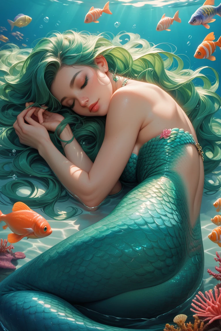 An ultra-detailed CG masterpiece with the best quality that depicts the agony of a beautiful mermaid stranded and covered in oil on the shore. The mermaid's exquisite features and details are highlighted in high resolution, with a dynamic angle, and a sorrowful expression. The ocean waves crash against the shore
