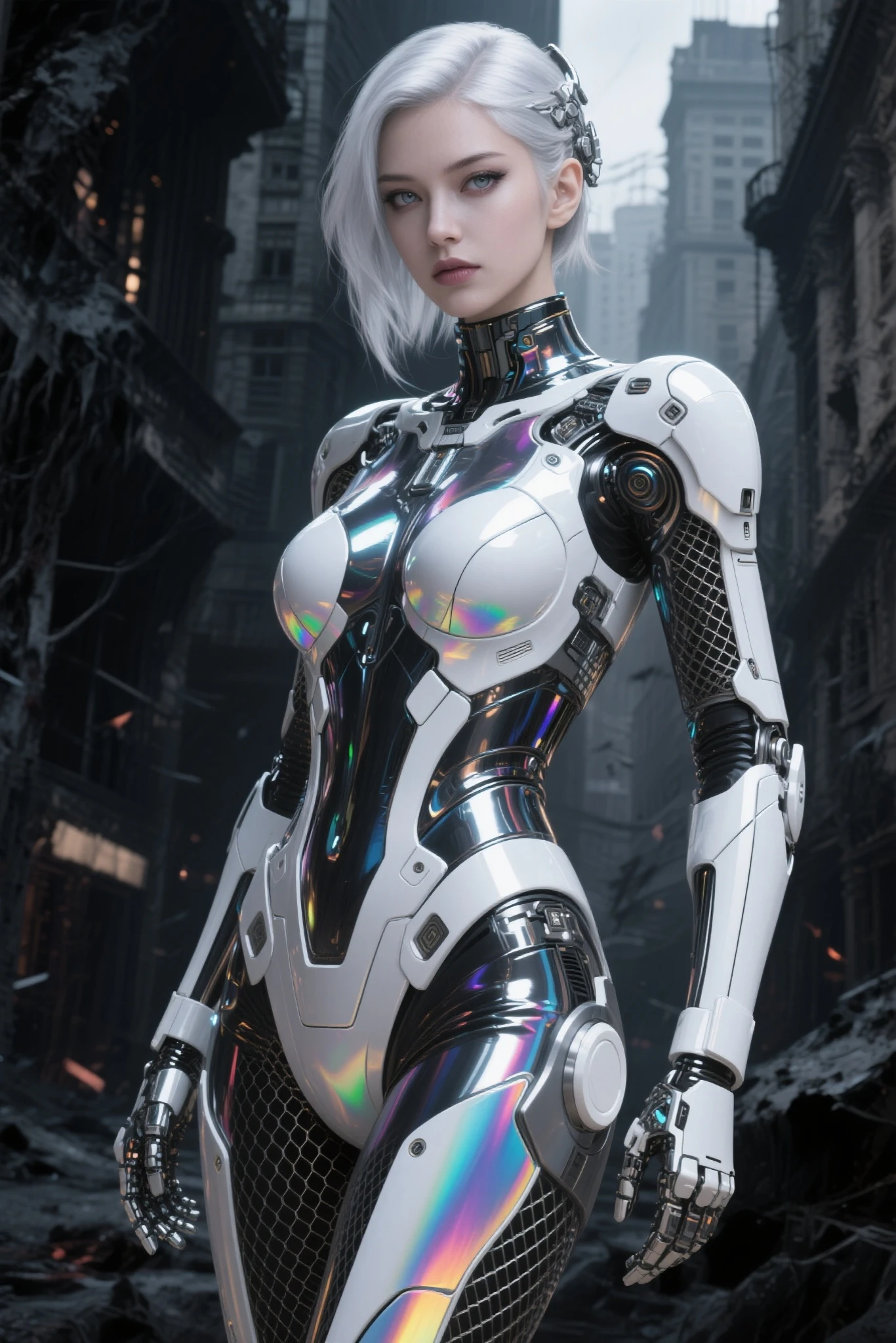 (1 girl:1.3), Alone, (((Very detailed face)))), ((Very detailed eyes and face.)))), beautifuls detalles ojos, body parts__, Official Art, unified 8k wallpaper, super detailed, beautiful and beautiful, beautiful, Masterpiece, Best Quality, Original, Masterpiece, super fine photo, Best Quality, super high resolution, realistic realism, sunlight, Full length portrait, extraordinary beauty, dynamic pose, delicate face, vibrant eyes, (FROM THE FRONT), He wears a Spider-Man suit., red and black color scheme, spider, fondo muy detallado del Ceiling de la ciudad, Ceiling, with city views, detailed face, detailed complex busy background, disordered, gorgeous, milky white, very detailed skin, realistic skin details, visible pores, clear focus, volumetric fog, 8k hd, DSLR, high quality, film grain, White skin, photographic realism, lomography, Futuristic dystopian megalopolis, translucent, eyes looking at the camera, Big , short hair,white hair ,full body,mecha,cyborg,robotic,long hair