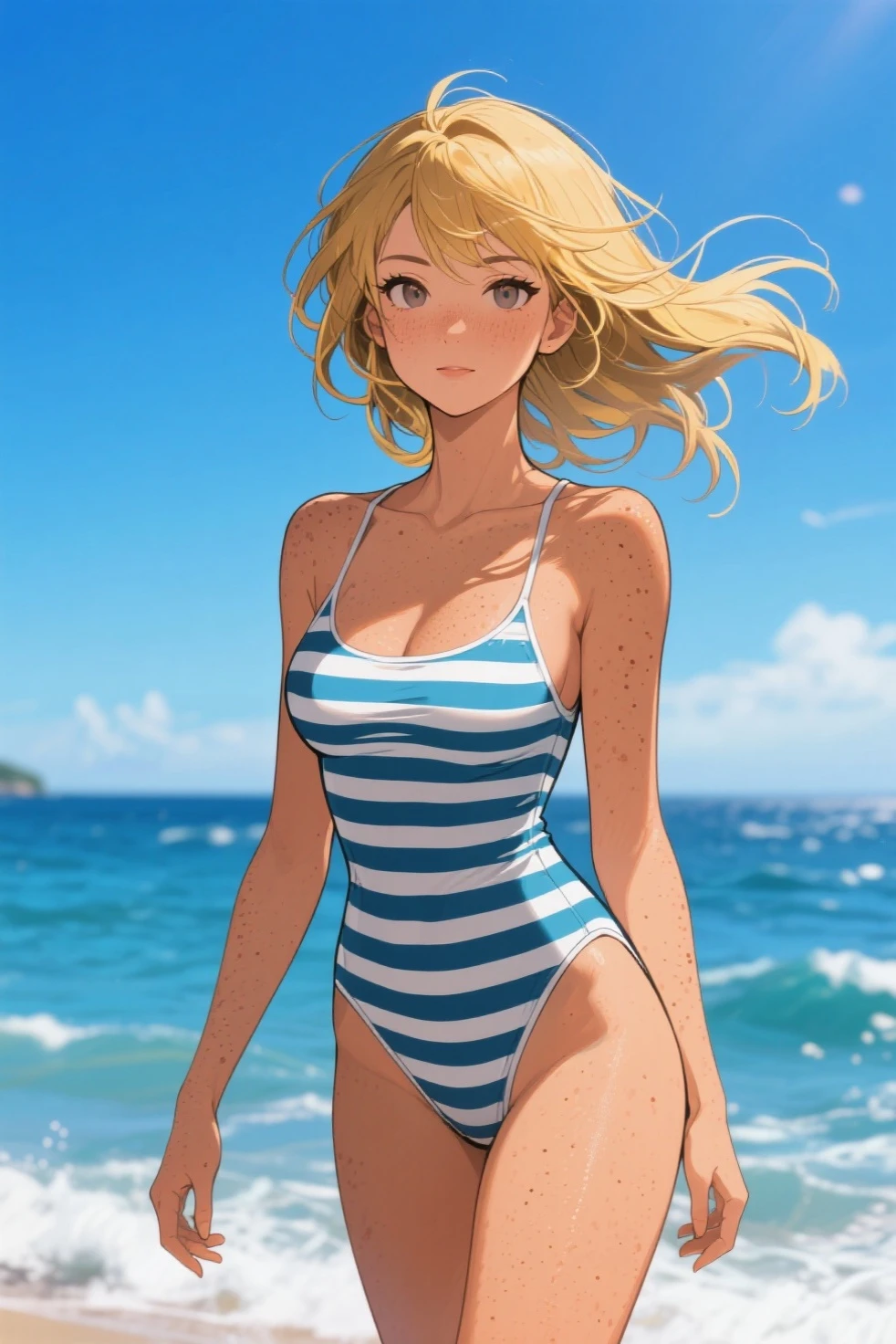 (one girl:1.1), (1girl:1.1), (solo:1.3), (shiranui_flare:1.3), (orange_eyes:1.2), (blonde_hair:1.2), (long_hair, ponytail:1.1), (pointy_ears, dark_skin:1.3), (smile:1.2), (hair_bow:1.2), BREAK
(looking_away, standing:1.3), (full body:1.5), (skinny:1.3), (thick thighs:1.0), (medium_breasts:1.0), BREAK
(orange_bikini, floral_print, floral_bikini, barefoot:1.3), BREAK
(beach:1.3), BREAK
best quality, masterpiece, detailed background, highly detailed, intricate, detailed face, long eyelashes, detailed eyes, <lora:Ebifurya-LyCoris-V2:1>