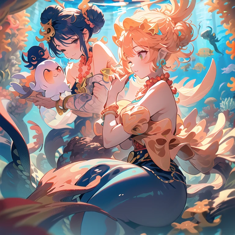 (maximum quality, exquisite design, better lighting, better shading), statue of 2 mermaids in the form of Yin Yang, inside a crystal ball, under the moon and the sun, detailed and realistic details, intricate, carved in green and orange marble, shining with moonlight and sunlight, a perfect balance between light and dark, mystical and serene.