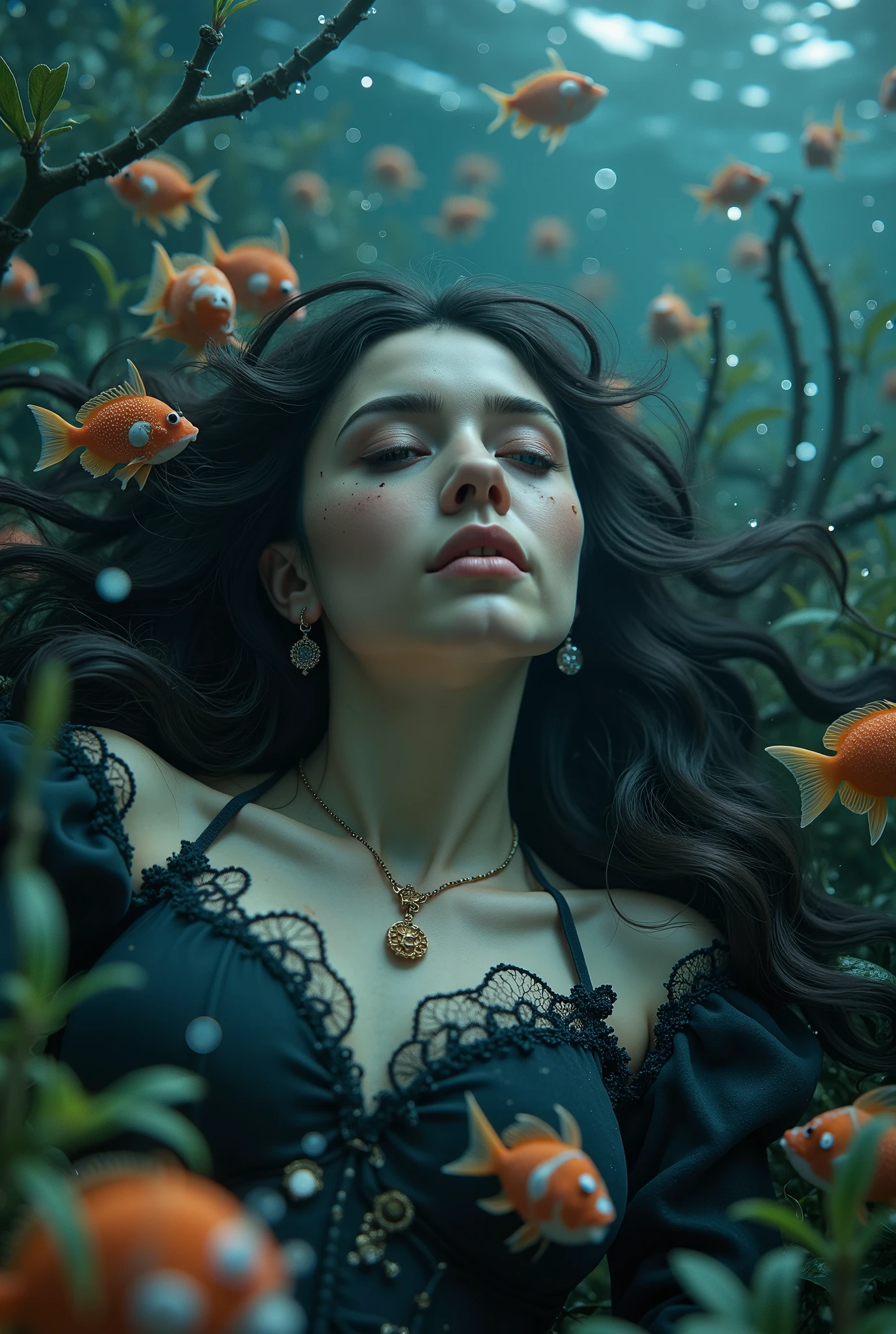 Realistic image、realistic photo style、realistic skin texture、A charming witch who lies and sleeps surrounded by seaweed in the ocean、Hair swaying in the water、The flickering light in the water is fantastic、Tropical fish swim 、detailed depiction of the ocean、octopus