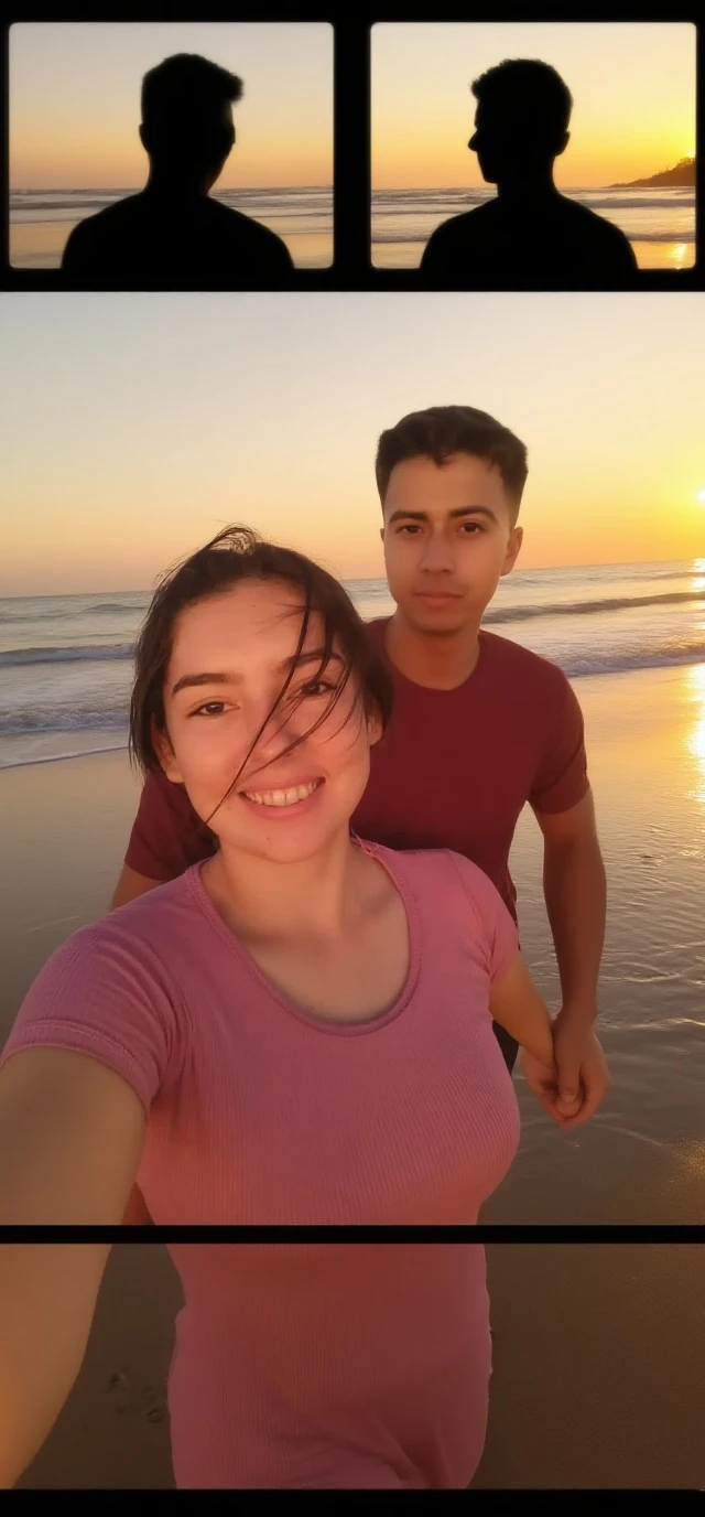 Casal de jovens, um homem branco sorridente de barba e uma mukher morena de cabelos lisos com um lindo sorriso no rosto, passeando na praia com um beagle tricolo