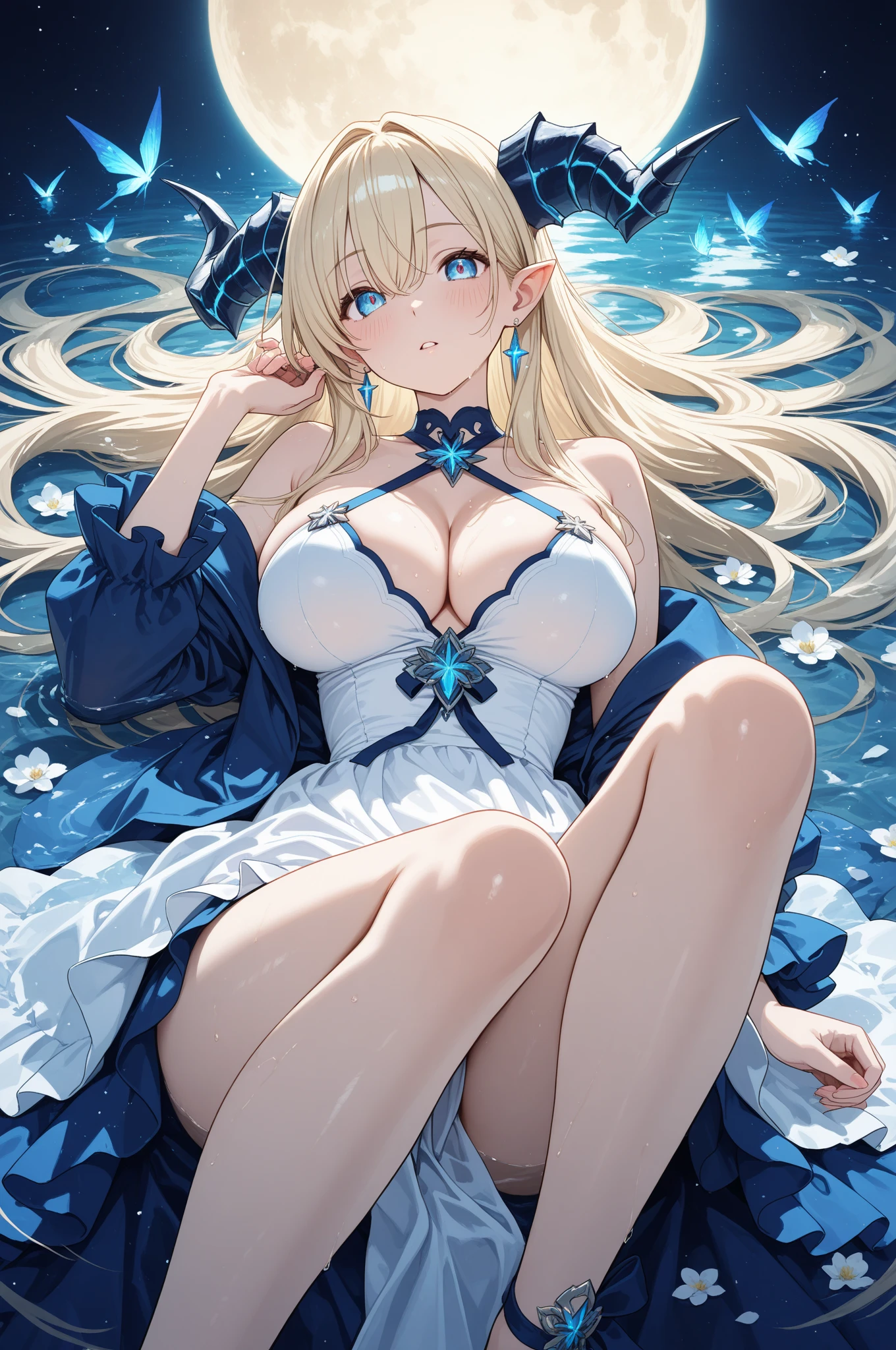 ((highest quality、High resolution))、Portrait、A beautiful woman、Perfect body、beautiful ample breasts、Long blonde、bangs、Blue and white、Embellished blue sexy dress、skirt、a sexually excited look、She spreads her legs wide open to show her panties、I'm inviting you to have sex、Outdoor Scenery