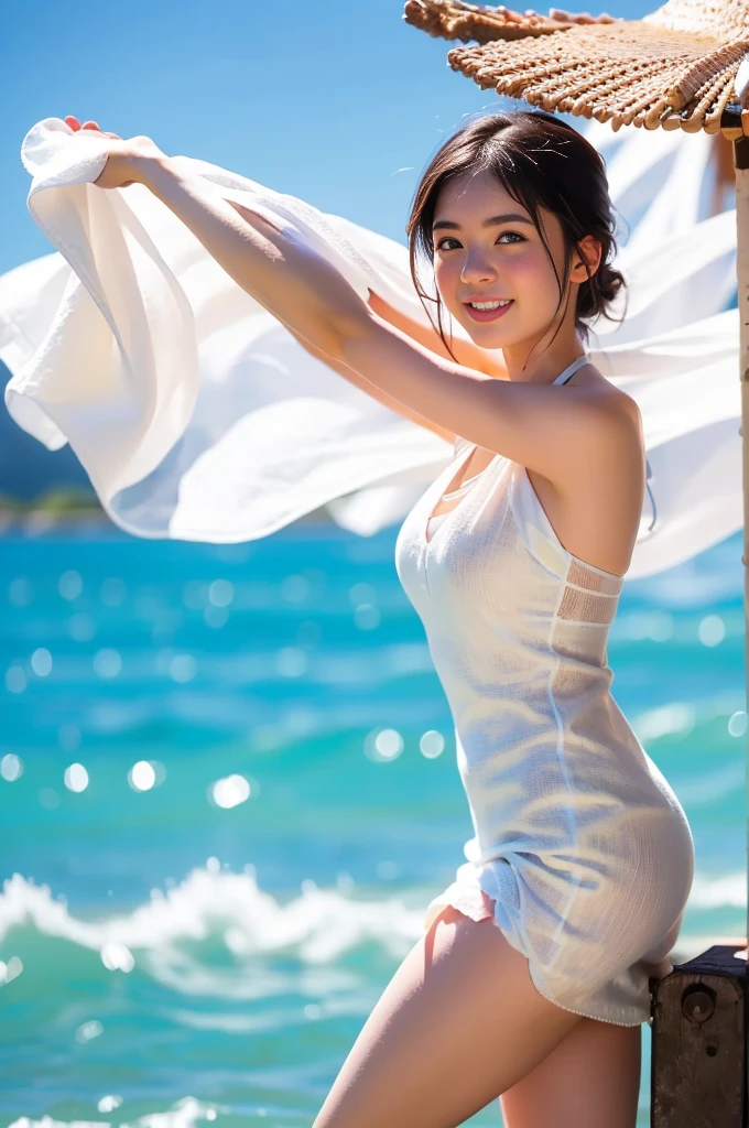 raw photo , 8K, ultra detailed, (realistic:1.2), masterpiece, (1girl:1.3), (long dress), (fluttering in the wind:1.8),(smile:1.4),(sexy:1.8),(clear sky:1.3),