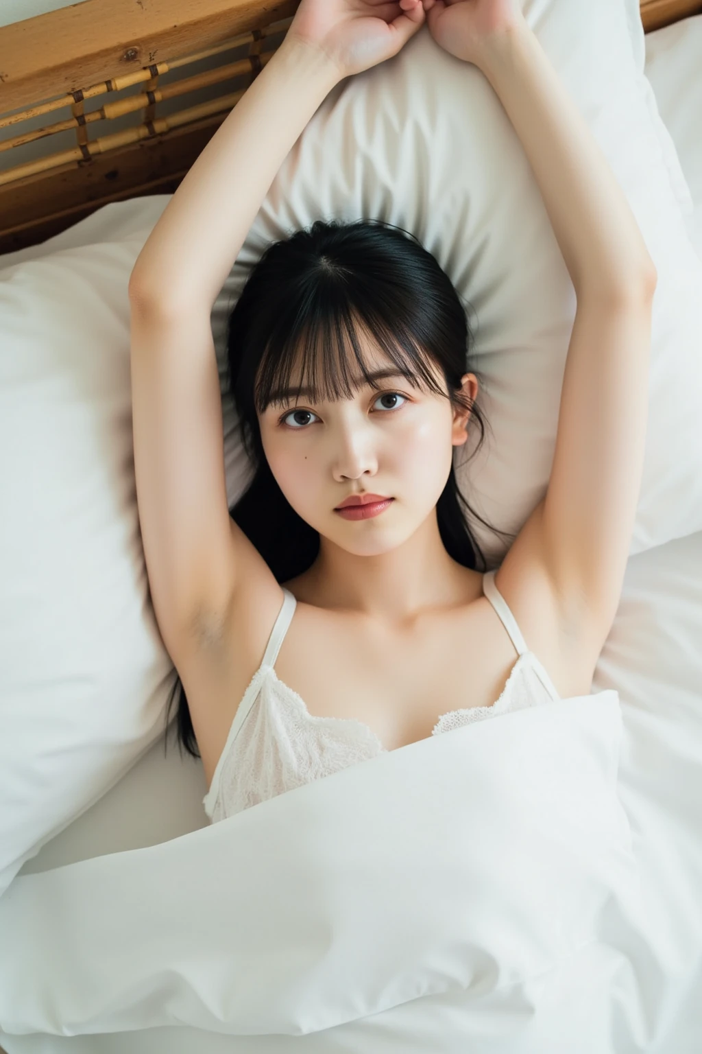 ((Highest quality)), ((Photo quality)), (detailed), Perfect Face，12 years old,Upper Body，Thin arms,White skin,bed,underwear