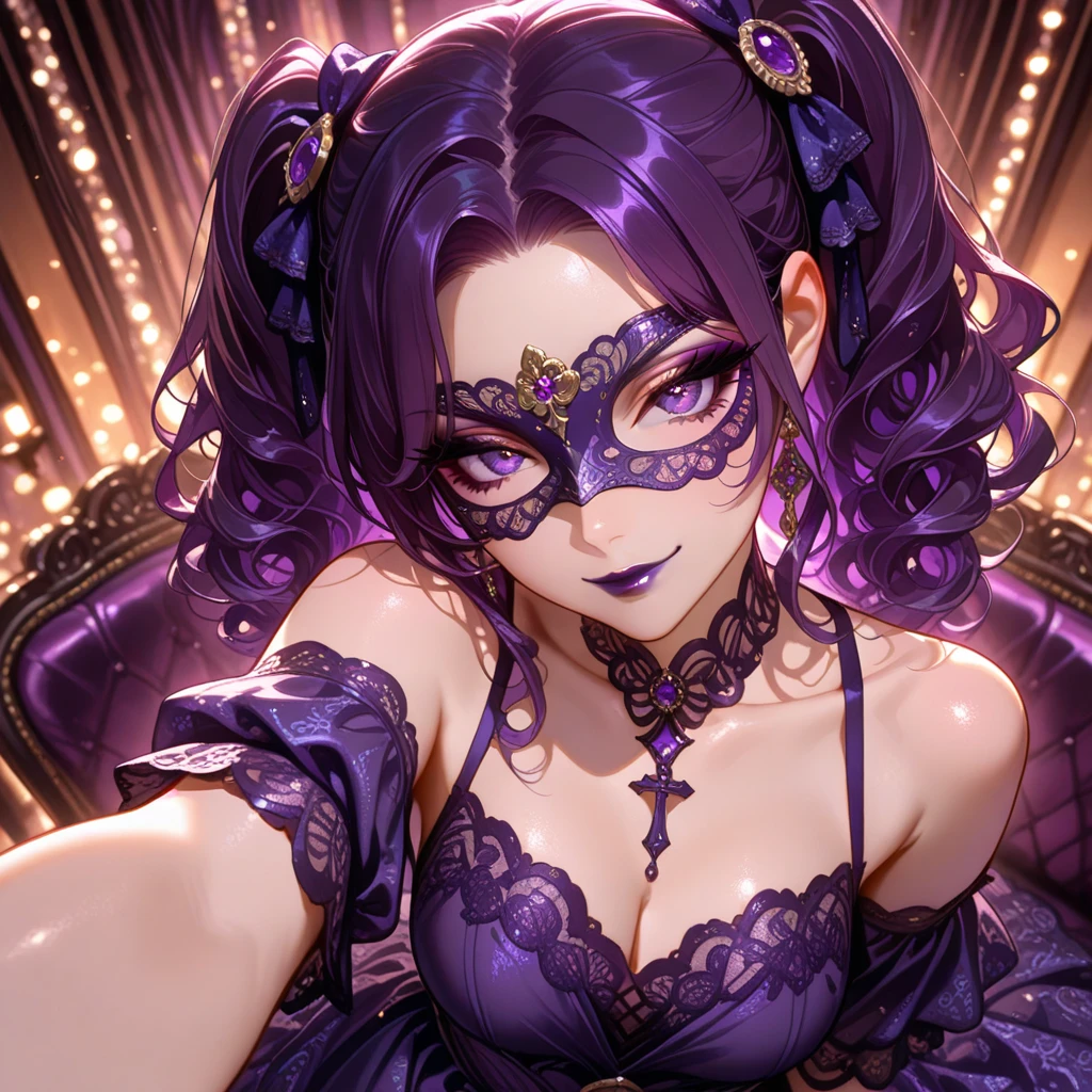 there is a woman wearing a purple mask and a purple dress, alluring mesmer woman, charlie bowater rich deep colors, artgerm julie bell beeple, tom bagshaw donato giancola, fantasy victorian art, fantasy portrait art, by Todd Lockwood, fantasy genre portrait, beautiful character painting, artgerm detailed, fantasy art portrait, fantasy portrait