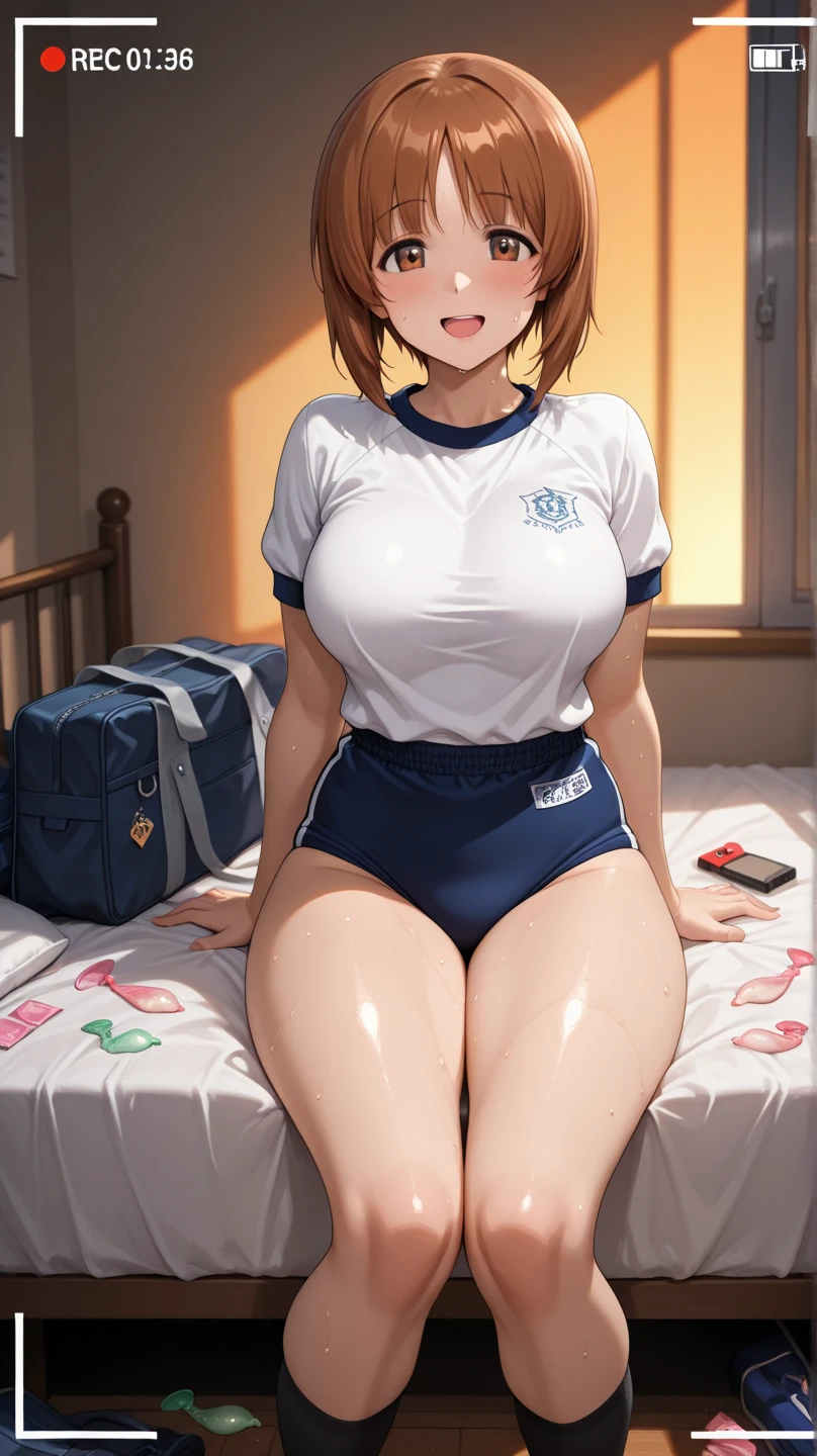 1girl in, Parted lips, blush, makeup, lightsmile, Full body, Wide Angle, From  above, crass room, llight rays, Glow, thighs thighs thighs thighs, 鎖骨, Narrow waist, (masutepiece), Wallpaper,Breast bulge、Dark hair color、Sheer、white gym uniform、Dark blue bloomer